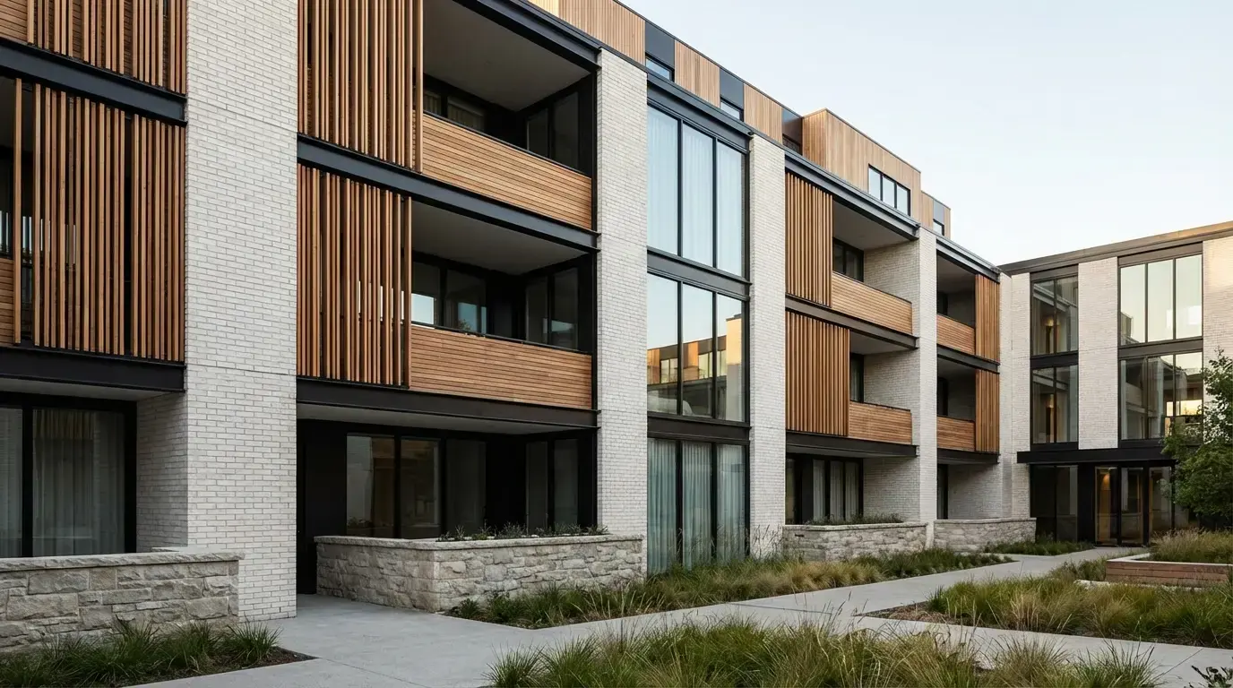 بهترین ترکیب‌ها با آجر سفید (قاب پنجره مشکی، چوب طبیعی و سنگ)